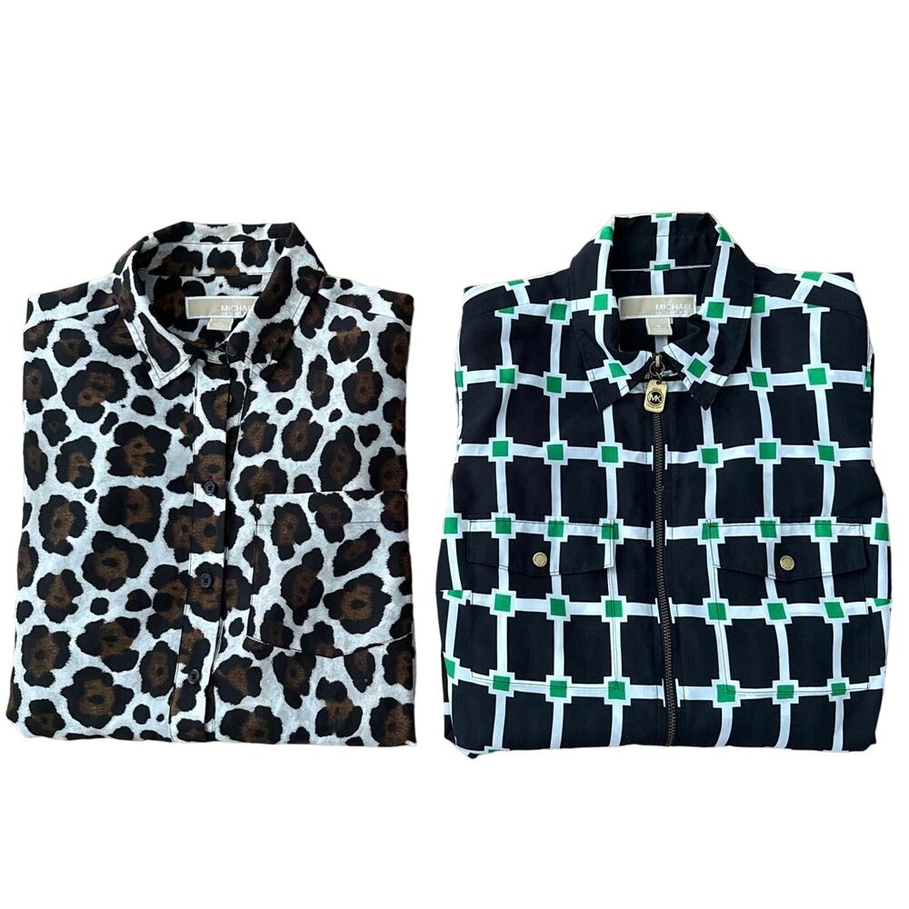 Michael Kors button down blouse navy green animal print bundle of two size small